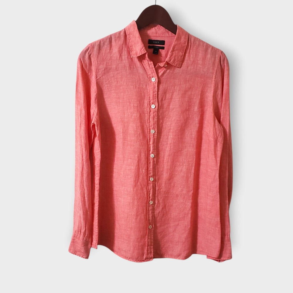 J.Crew Womens Perfect 100% Linen Shirt Roll Tab Button Up Pink Sz 10